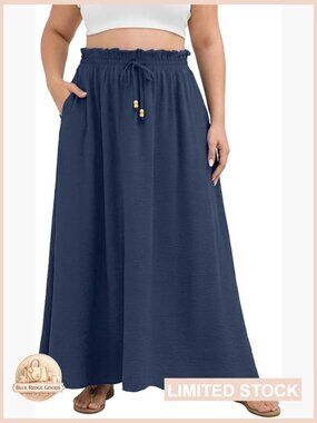 Plus Size Maxi Skirt Swing Pleated A-Line Long Elastic Waist with Pockets